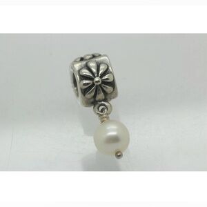 Retired Authentic Pandora Simple Flower 925 Silver/ Pearl Dangle Charm 790535P